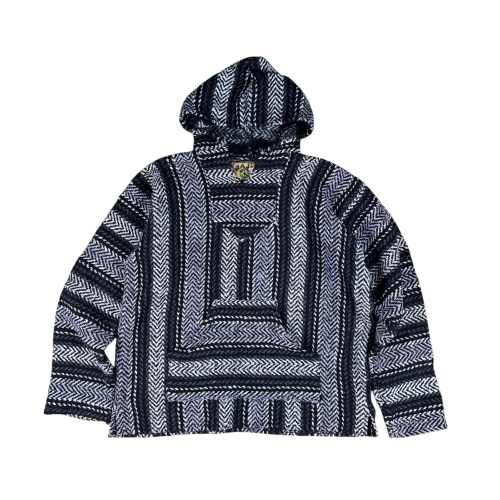 Baja Joe Hoodie Men's Medium‎ Black Gray Purple Woven Baja Pullover Surf Boho